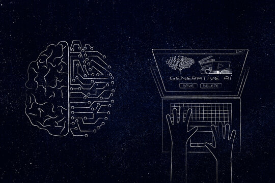artificial intelligence and deep learning, half human half robot brain next to laptop with generative AI pop-up message