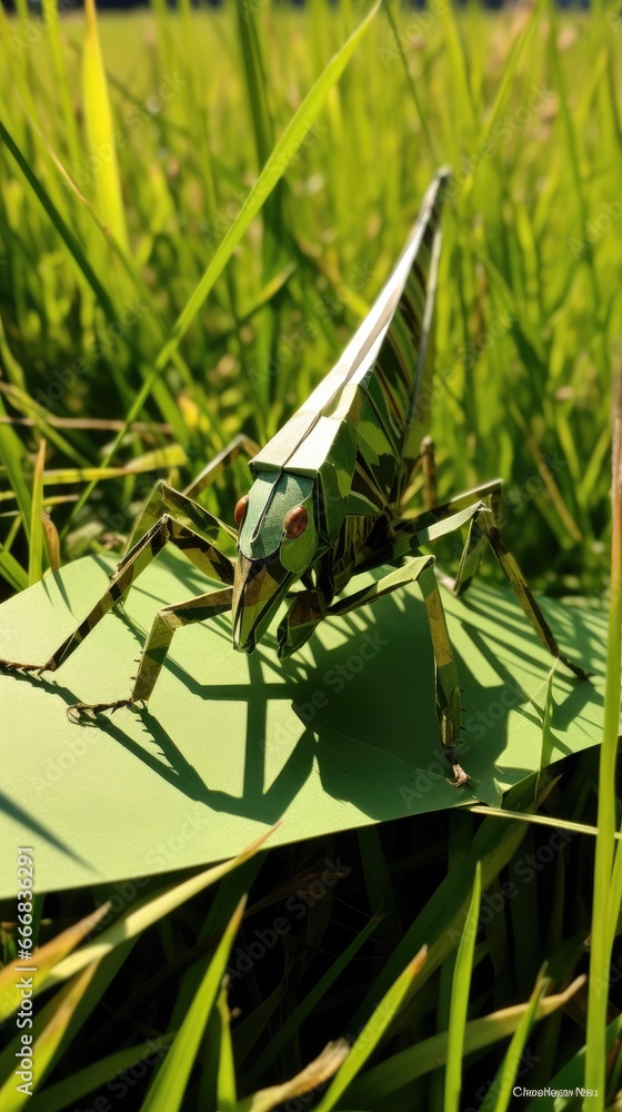 Poster a grasshopper on a piece of paper in the grass. generative ai.