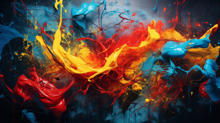 A vibrant and colorful abstract artwork with a mix of blue, yellow, and red hues