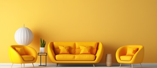 Minimalistic installation art with yellow furniture on an empty background surrounded by geometric shapes
