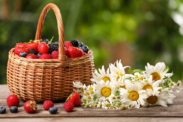 Fototapeta na wymiar Wicker basket with different fresh ripe berries and beautiful chamomile flowers on wooden table outdoors