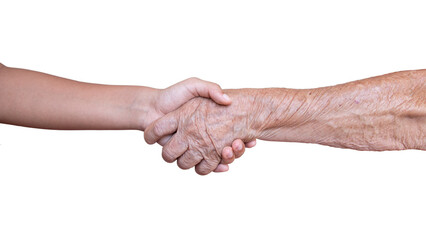 young and old woman with wrinkled skin holding hands on white background