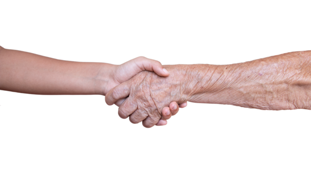 young and old woman with wrinkled skin holding hands on white background - Powered by Adobe