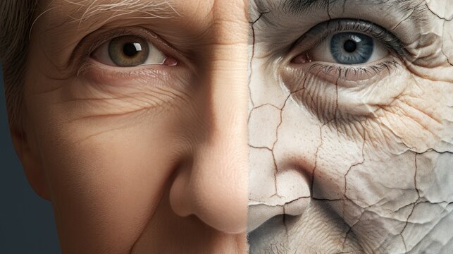 Split image of a person face healthy and dry skin