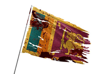 Sri Lanka torn flag on transparent background with blood stains.