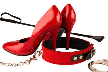 Red high heels, handcuffs, riding crop and dog collar isolated on white background. Bondage concept. - obrazy, fototapety, plakaty