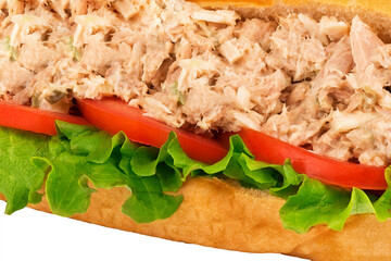 Close up of submarine tuna sandwich on white background. Macro photography for texture. - 666837607
