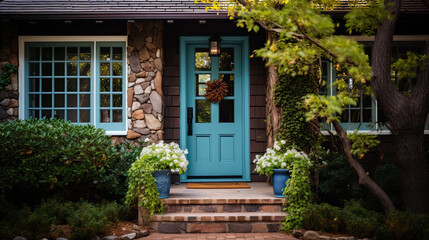 A detail of a front door on home with stone and white bricking siding, beautiful landscaping, and a colorful blue - green front door. - Powered by Adobe
