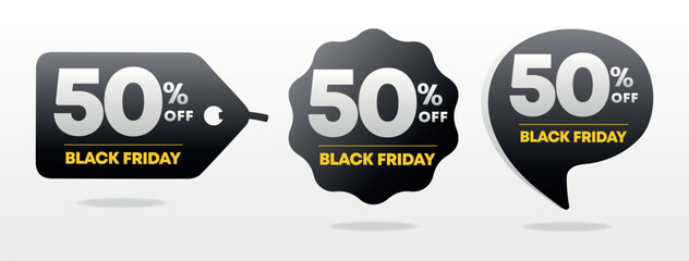 50% off. Special offer Black Friday sticker. Tag fifty percent off price, value. Advertising for sales, promo, discount, shop. Campaign for retail, store. Icon, vector, symbol