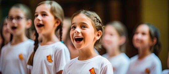 Summer camp features acappella performance by international children s choir With copyspace for text - obrazy, fototapety, plakaty