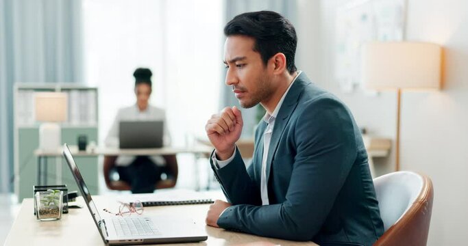 Man at desk, laptop and thinking in coworking space, market research or online schedule at consulting agency. Office, idea and businessman at computer writing email article review, feedback or report
