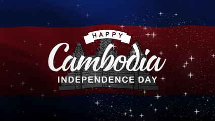 Happy Cambodia Independence Day Lettering Text Animation with waving flag background. Celebrate Cambodia National Day on 9th November. Great for celebrating Cambodia Day.