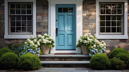 A detail of a front door on home with stone and white bricking siding, beautiful landscaping, and a colorful blue - green front door. - obrazy, fototapety, plakaty