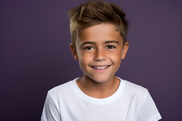 Portrait of a happy young fictional child smiling. Little boy wearing a white blank t-shirt. Isolated on a plain colored background. Generative AI.