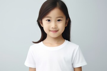 Portrait of a happy young fictional child smiling. Little girl wearing a white blank t-shirt. Isolated on a plain colored background. Generative AI.