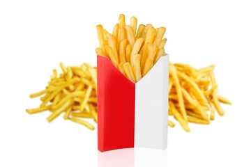 Bag of tasty hot French fries on the desk