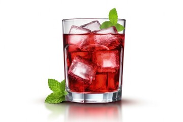 Digital illustration of glass with ice and red drink, white background. Generative AI