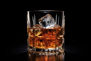 Digital illustration of glass with ice and whiskey, black background. Generative AI