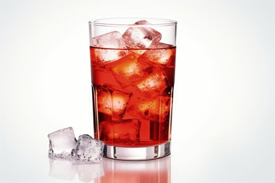 Digital illustration of glass with ice and red drink, white background. Generative AI