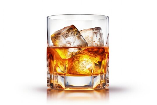 Digital illustration of glass with ice and whiskey, white background. Generative AI