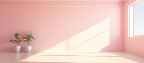 a room with a light pink wall and sunlight streaming in through a window