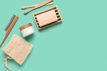 Composition with bath items and cosmetics on color background