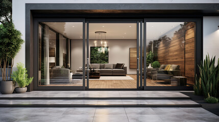 Aesthetic home entrance with large glass sliding doors with lots of copy space - obrazy, fototapety, plakaty