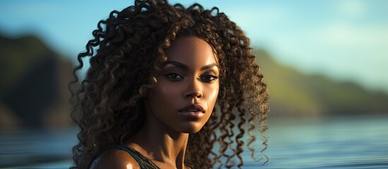 Fashion portrait of a serene and attractive multiracial woman posing in the ocean wearing a bikini and throwing her hair