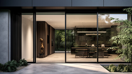 Aesthetic home entrance with large glass sliding doors with lots of copy space - Powered by Adobe