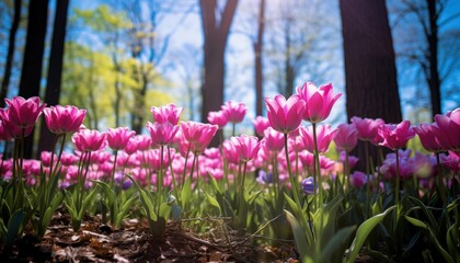 Nature landscape with many beautiful tulips in the middle of the forest, trees and sun rays. Generative AI