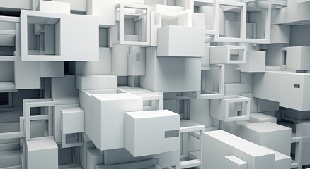 Abstract background with white blocks, square geometric shapes digital illustration. Generative AI