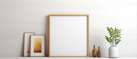 a gold metal frame on a white shelf