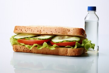 Illustration of natural sandwich and bottle of water on white background, healthy eating concept. Generative AI