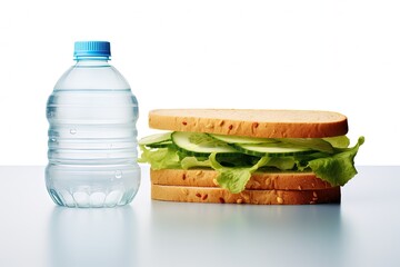 Illustration of natural sandwich and bottle of water on white background, healthy eating concept. Generative AI