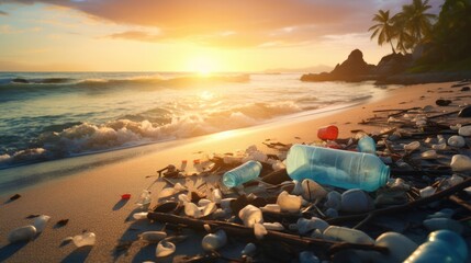 Save ocean. trash garbage at the beach and plastic bottles are difficult decompose prevent harm aquatic life. Earth, Environment, Greening planet, reduce global warming, Save world