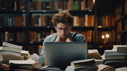 student man research sample exam by tablet, male prepare for test and learning lessons in the library. stress, despair, haste, misunderstanding reading, discouraged, expectation, knowledge