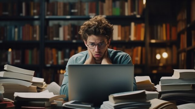 student man research sample exam by tablet, male prepare for test and learning lessons in the library. stress, despair, haste, misunderstanding reading, discouraged, expectation, knowledge