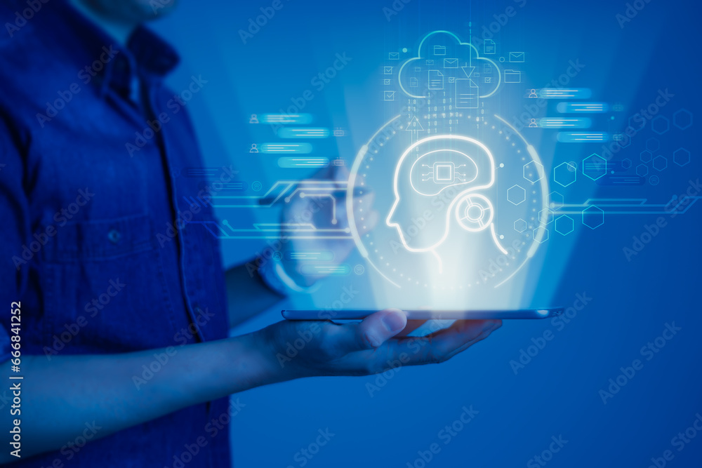 Poster man holding tablet with virtual ai display