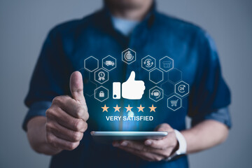 Man Giving Thumbs Up and Rating Excellent Customer Service on Tablet