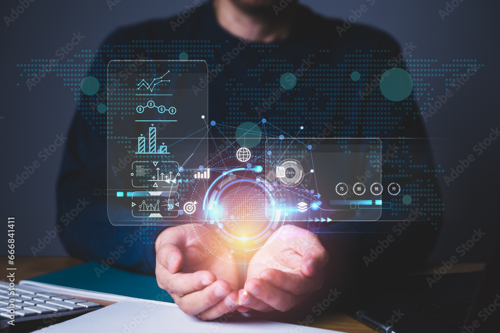 Poster businessman with virtual display analyzing big data