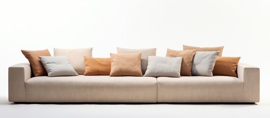Modern beige couch with pillows isolated seen from a 20 degree side angle in white background