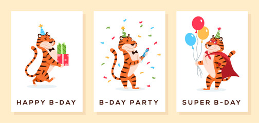 Cartoon smiling tigers in party hat superhero cape with presents, firecracker, balloons. Happy B day greeting cards, invitation design set. Festive Birthday celebration postcards vector illustration.