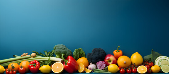 A banner of bright fruits and vegetables on a lively blue background with ample space for text or design elements, © Ash