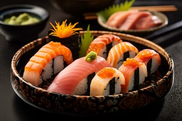 Closeup of vibrant sushi on plate. Generative AI