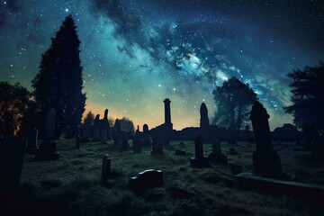 Starry sky above ancient cemetery on spooky night. Generative AI