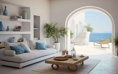 Interior of a modern, minimalist house decorated with summery mediterranean elements