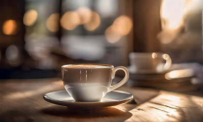 Obraz premium Cup of coffee on a wooden table