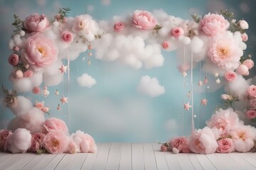 Peony Baby Digital Backdrop Photography Background Cake Smash Pastel Pink Backdrop Balloons Overlays Floral Baby Shoots Birthday Party Prop