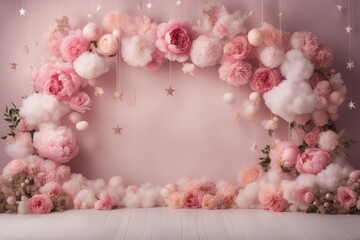 Peony Baby Digital Backdrop Photography Background Cake Smash Pastel Pink Backdrop Balloons Overlays Floral Baby Shoots Birthday Party Prop