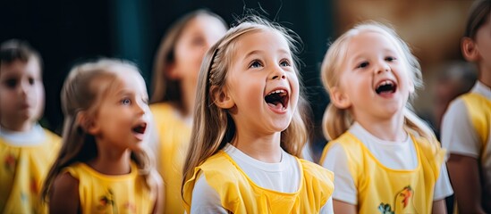 Children rehearse as a choir for a talent show at summer camp With copyspace for text - obrazy, fototapety, plakaty